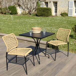 VIANNEY - Salon de jardin 2 personnes en acier noir - 1 table carrée 70x70cm et 2 chaises en cordage tressé beige