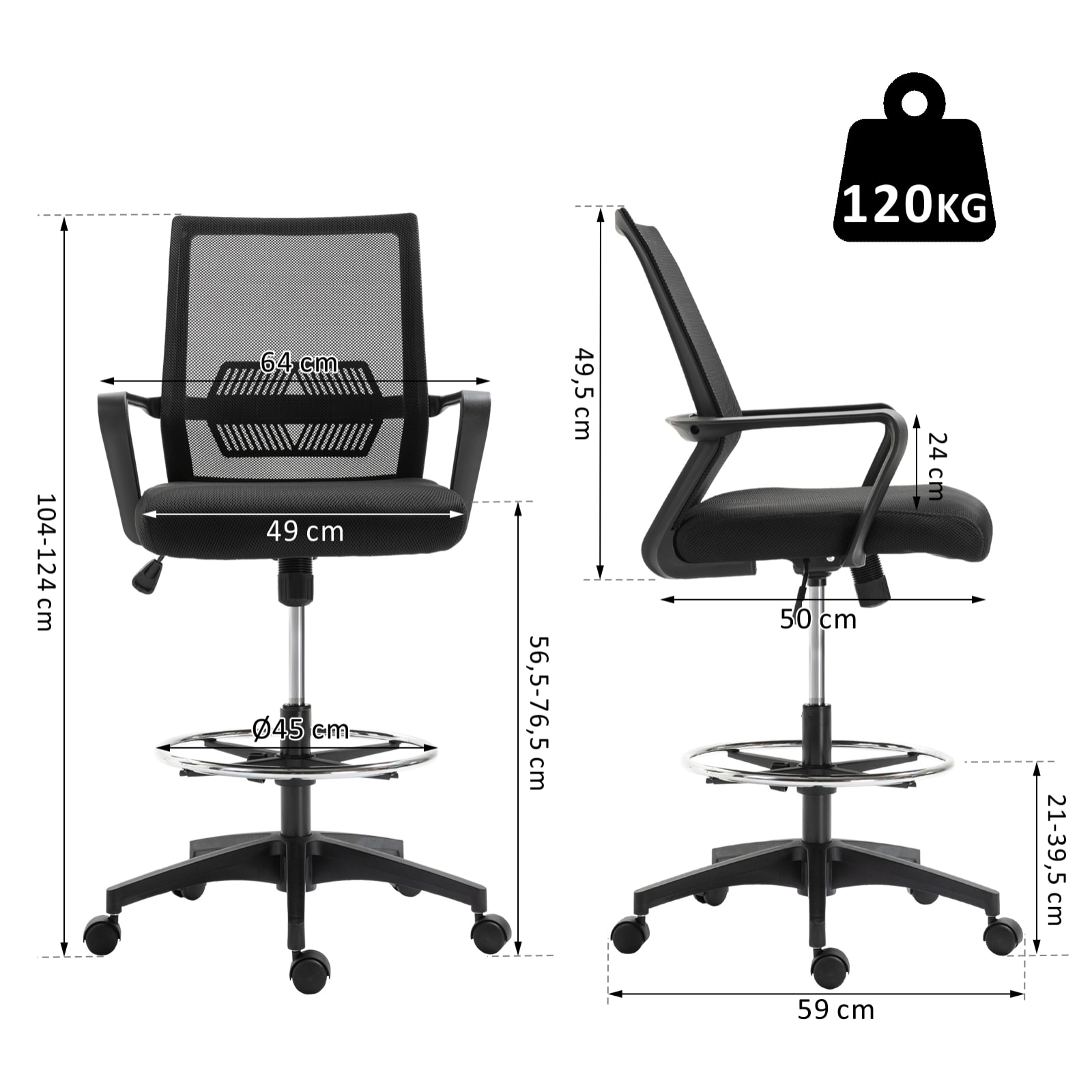 Fauteuil de bureau chaise de bureau assise haute réglable dim. 64L x 59l x 104-124H cm pivotant 360° maille respirante noir