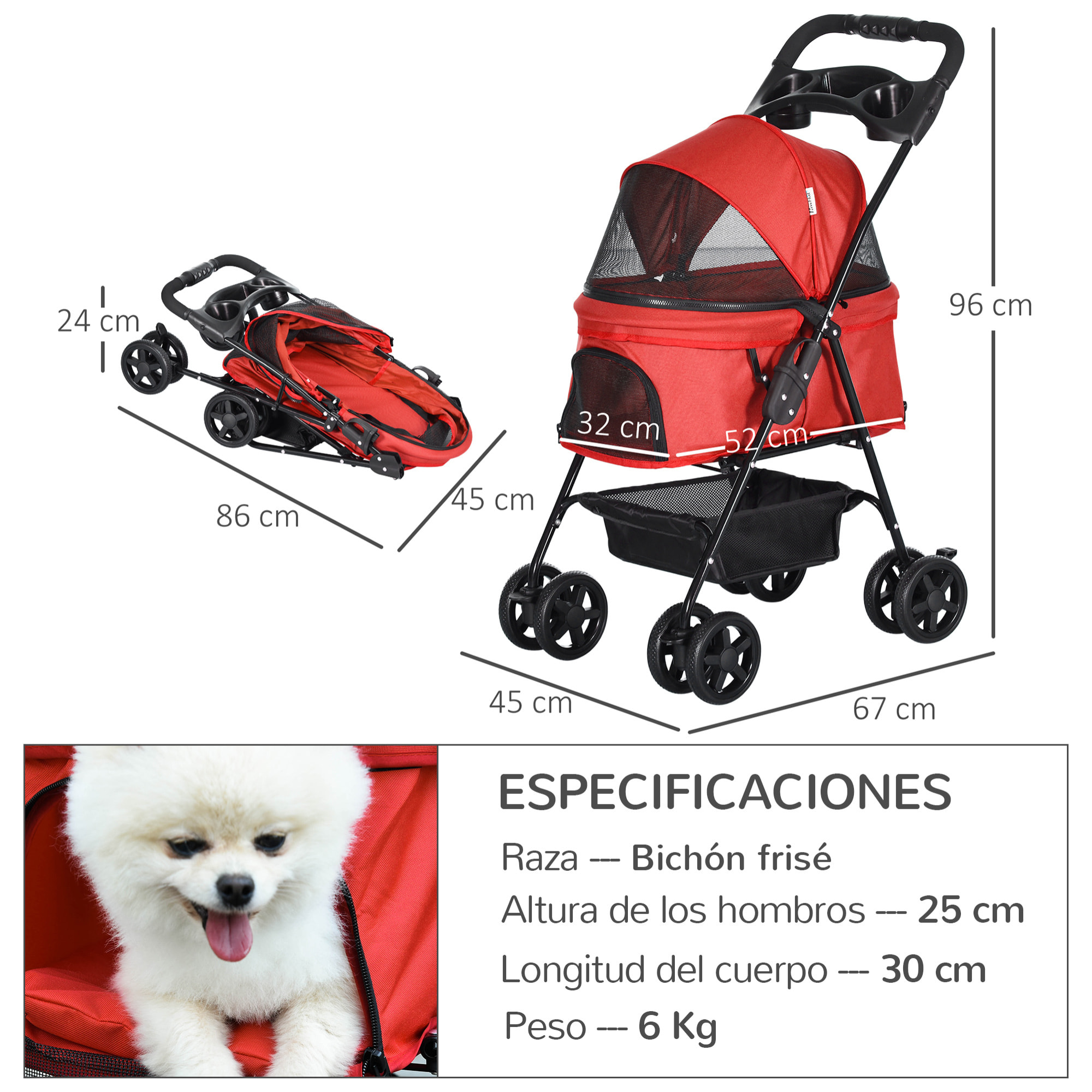 Cochecito para Mascotas Plegable Carrito para Perros Desmontable Acero Tela Oxford Ruedas Giratorias Frenos Ventana para Perros Gatos Pequeñitos 67x45x96 cm Rojo