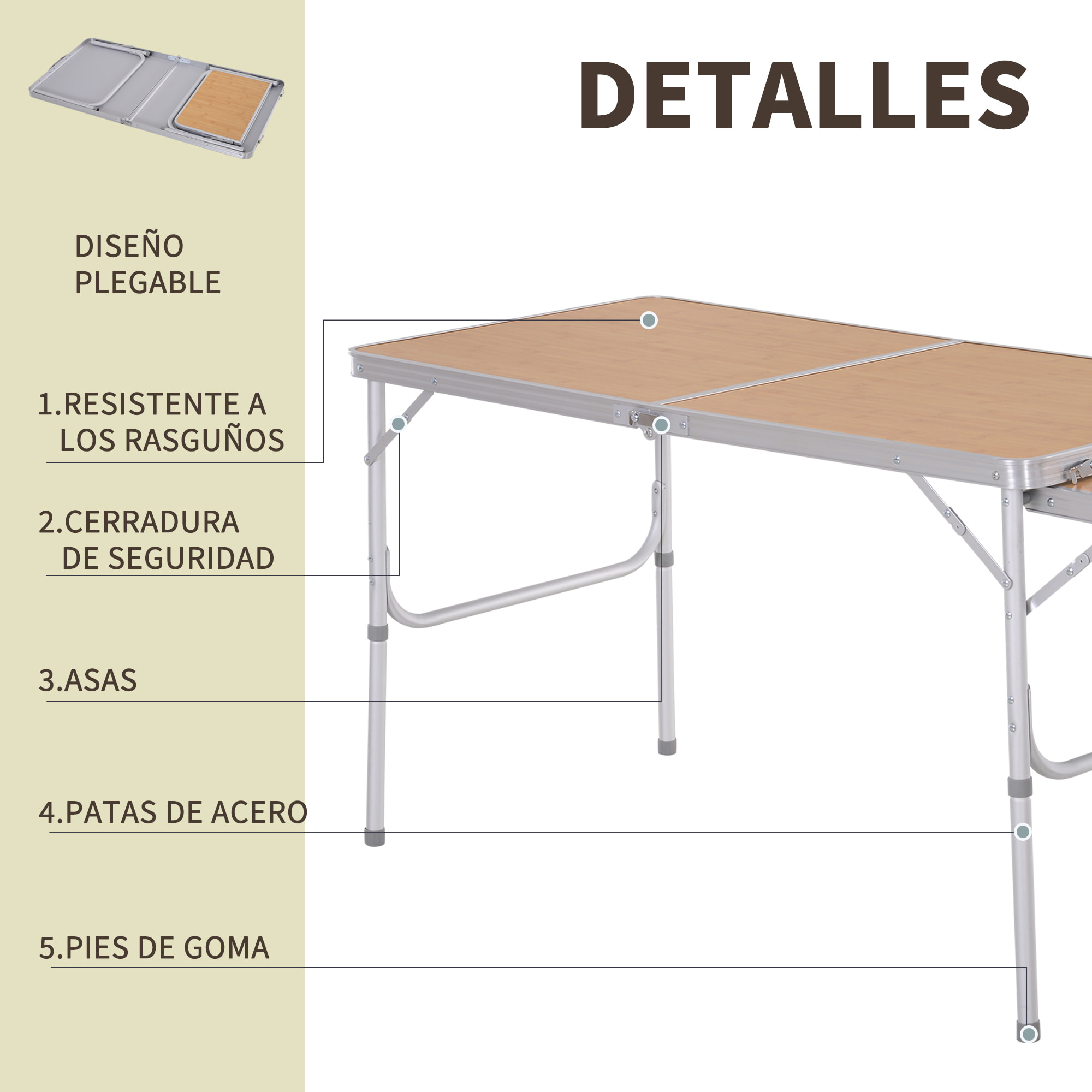Plegable de Camping Portátil con Ala Abatible Mesa de Picnic de Encimera MDF Estructura Ligera de Aluminio Carga 30kg Altura Ajustable 153x60x39/71 cm