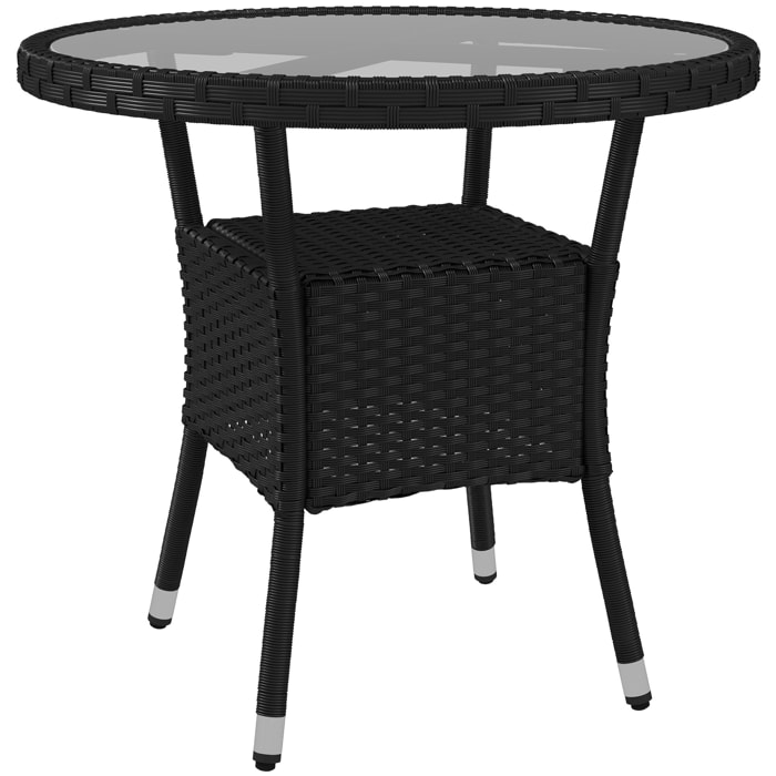 Table ronde de jardin résine tressée plateau verre trempé avec étagère noir