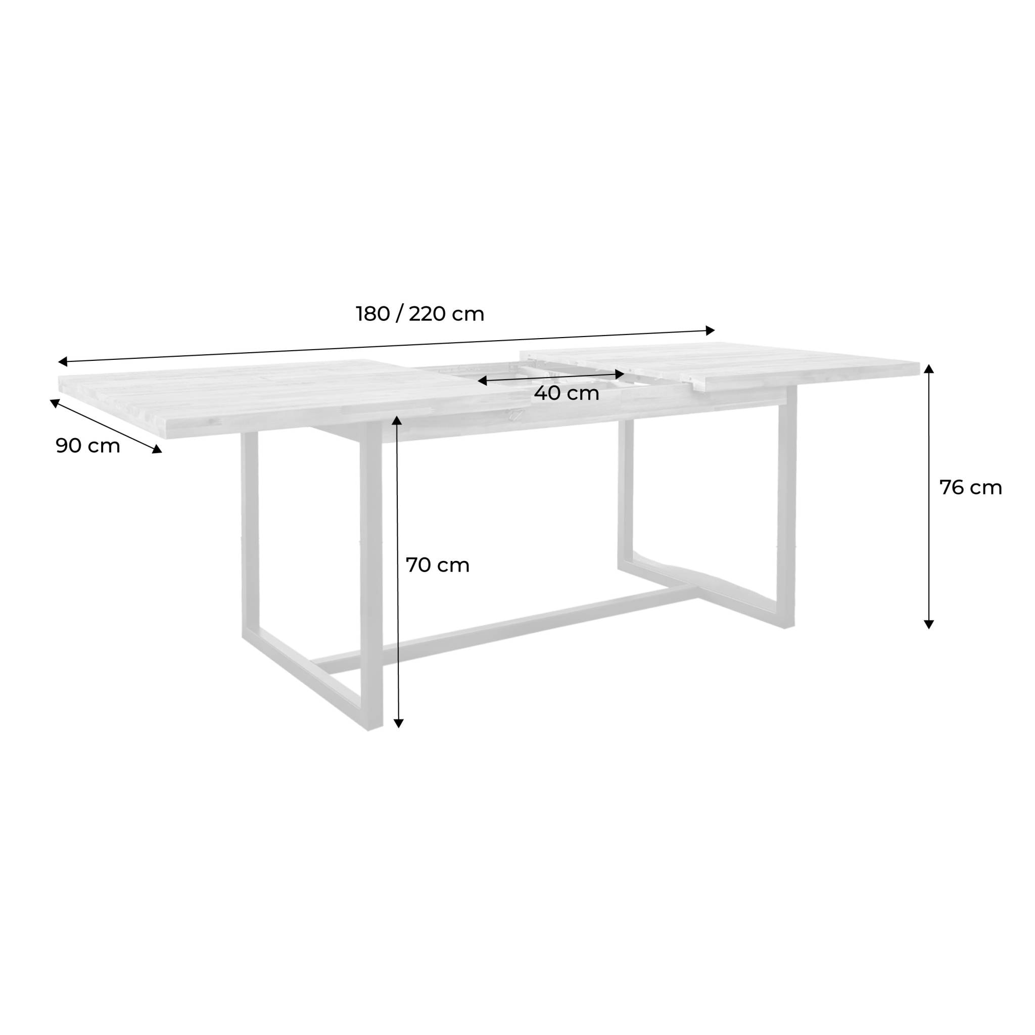 Table à manger extensible 180/220cm. bois d'acacia et métal. teinte naturelle. L 180/220 x P 90 x H 76cm