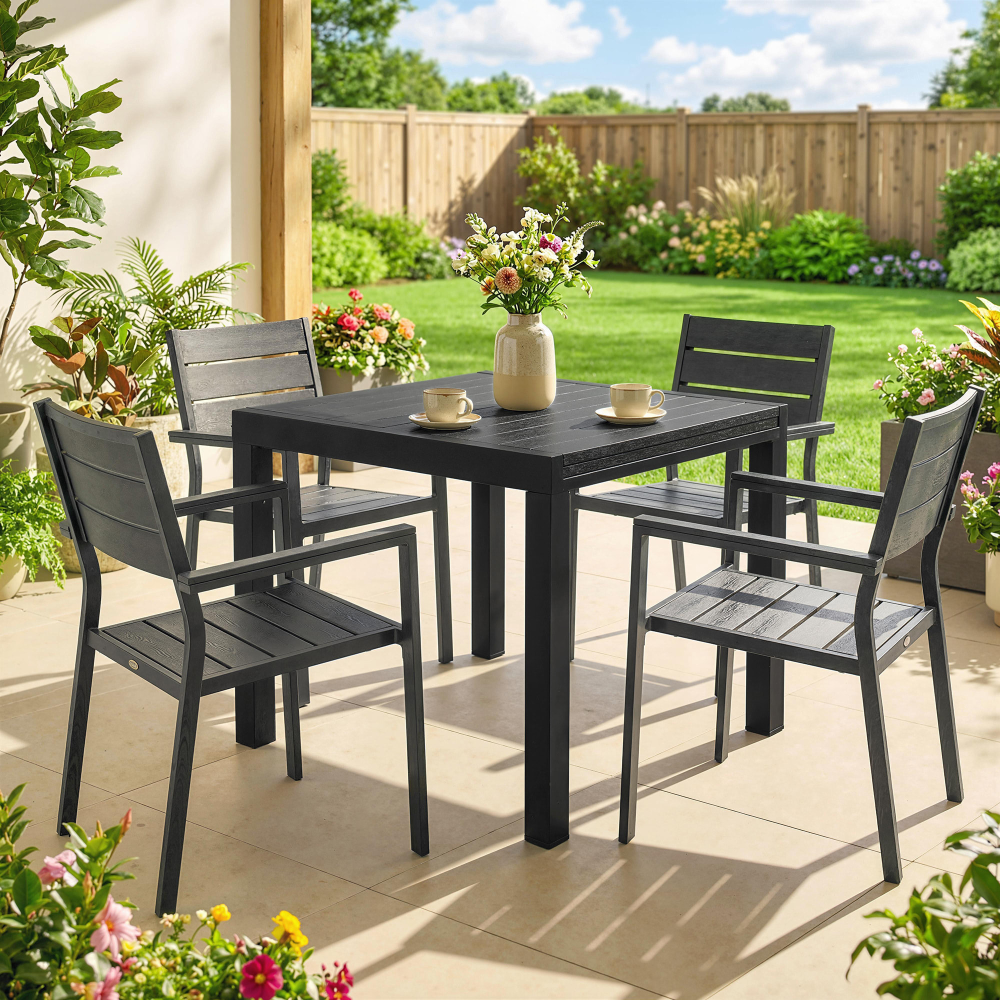 Mesa de Jardín Extensible 80/160x80 cm, Mesa de Comedor Exterior Extensible Rectangular de Aluminio, con Superficie de Lamas de Efecto Madera, para 4-6 Personas, para Patio, Terraza, Negro