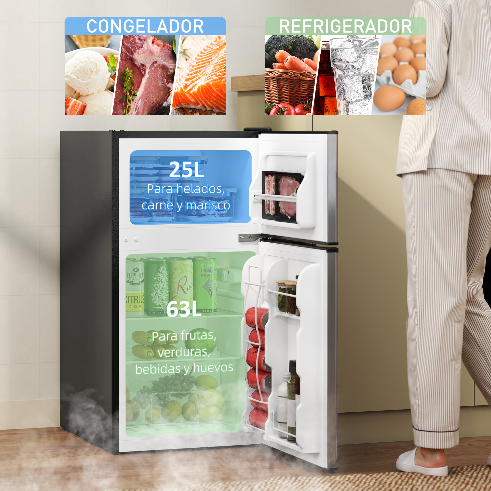 Nevera Pequeña 88 L con Congelador, Mini Frigorífico Silenciosa, Frigorífico Pequeño Bajo Encimera con Temperatura Regulable 5 Niveles, Puerta Reversible y Estantes Ajustables, Negro