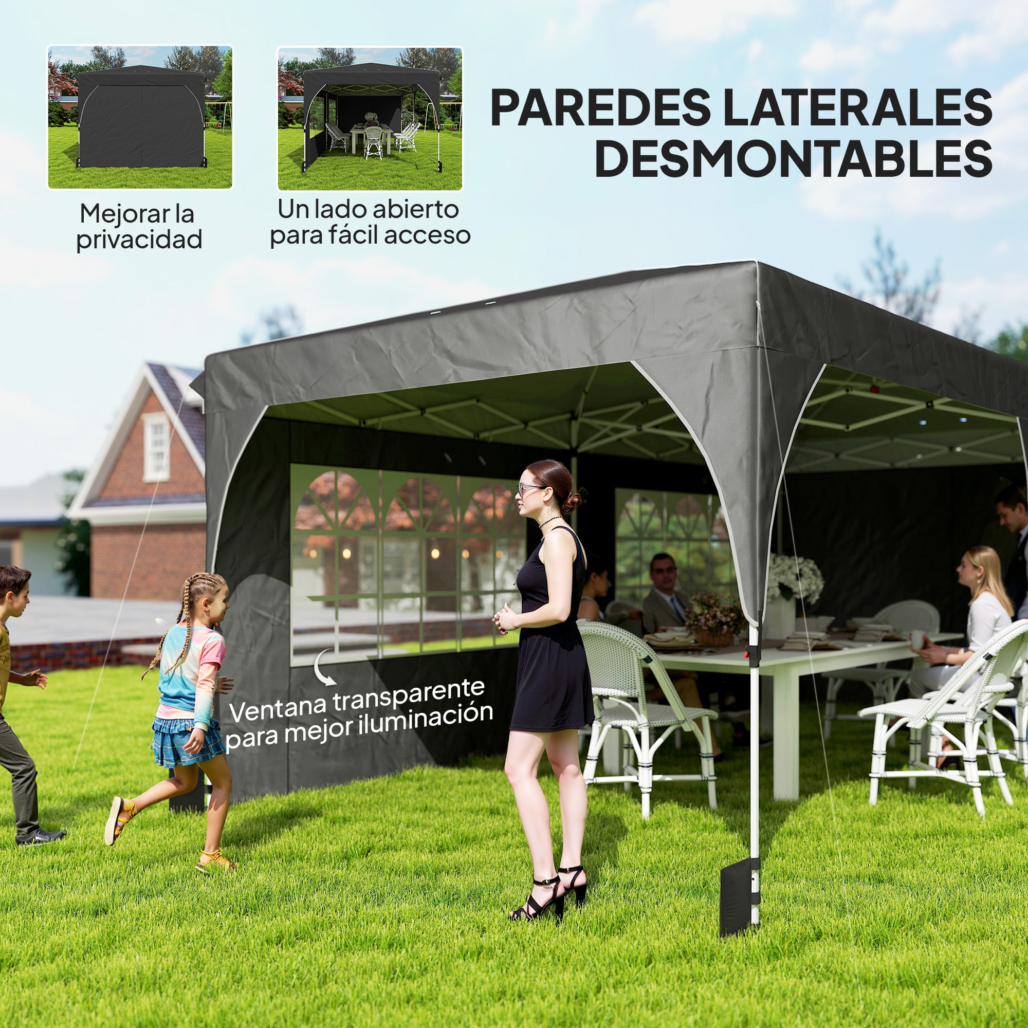 Carpa Plegable 6x3 m, Pop-up, con 4 Laterales Extraíbles, Cenador de Jardín con Tiras Reflectantes, Altura Ajustable, Sistema Central de Bloqueo, UPF50+, Impermeable, Bolsa Transporte, Gris