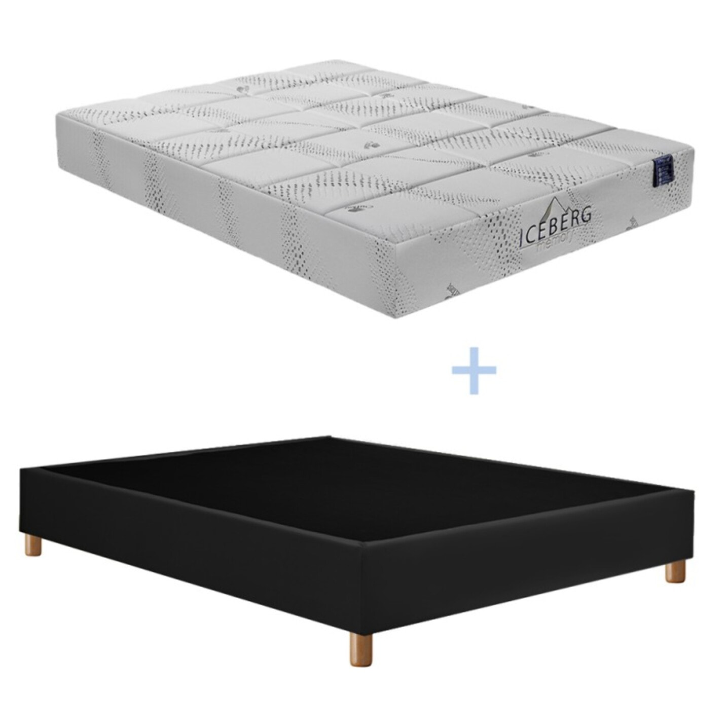 Ensemble Matelas Iceberg & sommier déco | 25 cm | Mémoire de forme et gel rafraîchissant | Cadre à lattes | Simili cuir | Noir