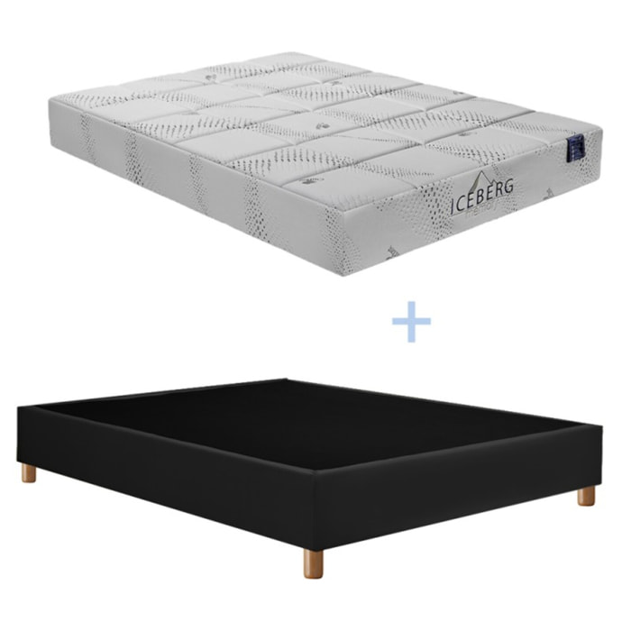 Ensemble Matelas Iceberg & sommier déco | 25 cm | Mémoire de forme et gel rafraîchissant | Cadre à lattes | Simili cuir | Noir