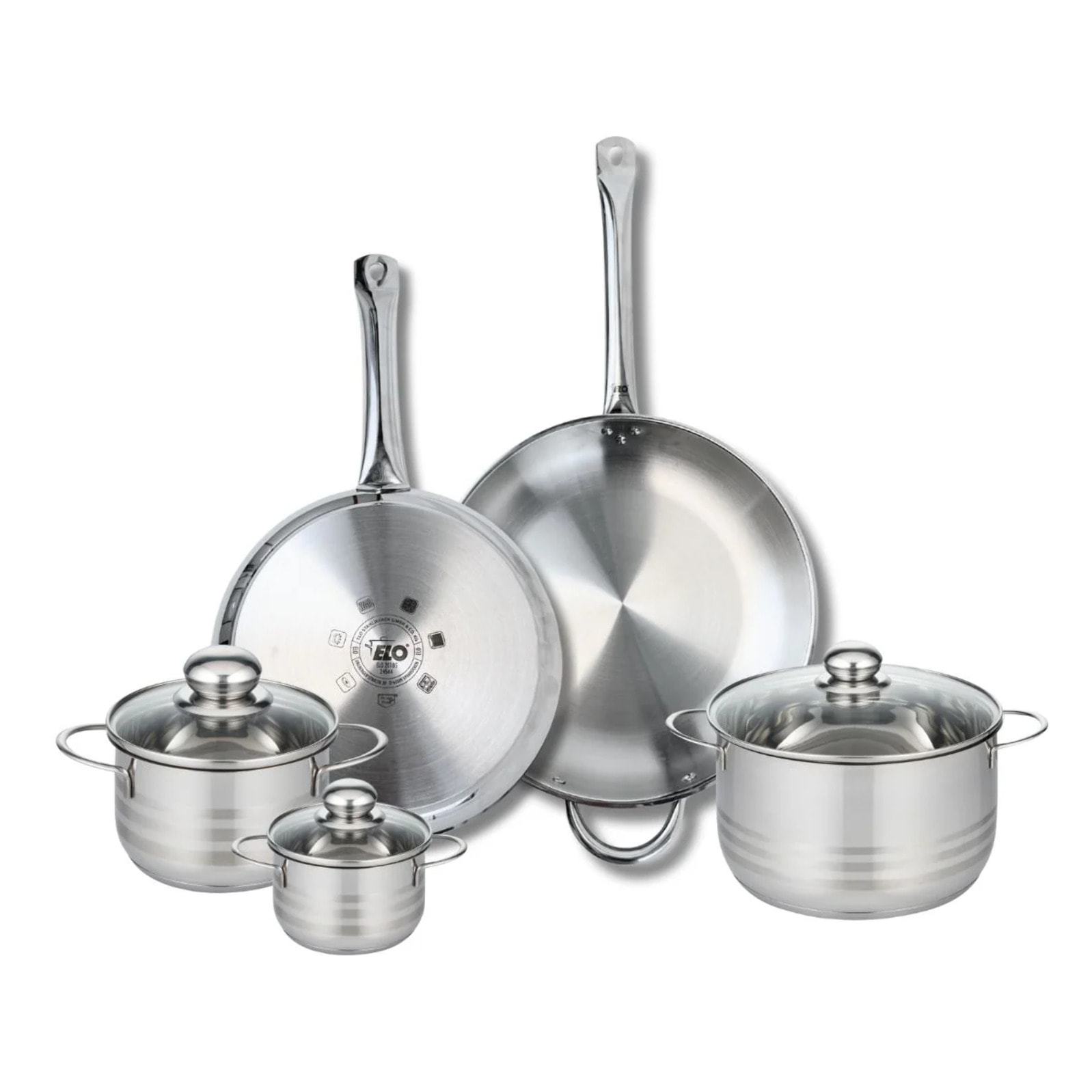 Ensemble de 2 Poêles de cuisson 28 et 32 cm et 3 faitouts 12, 16 et 20 cm Elo Profi Brillant