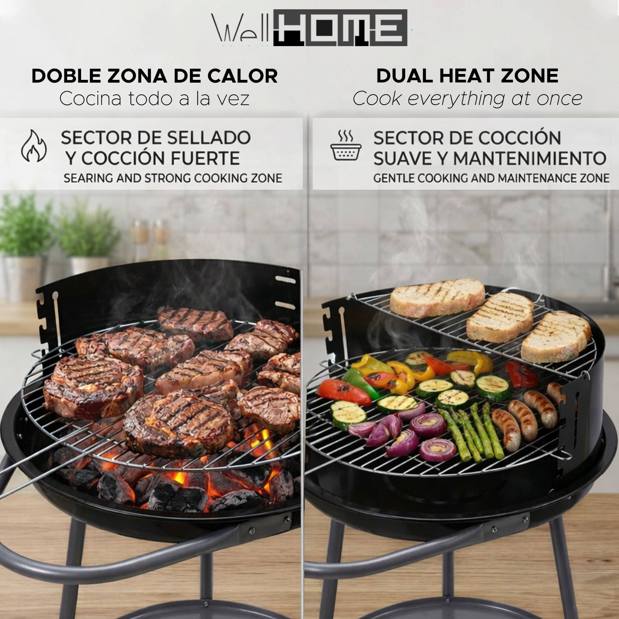 Barbacoa de Carbón Redonda Ø51 cm con Ruedas y Cortavientos - Parrilla Doble de Cocción - con Cuba Esmaltada y Asa
