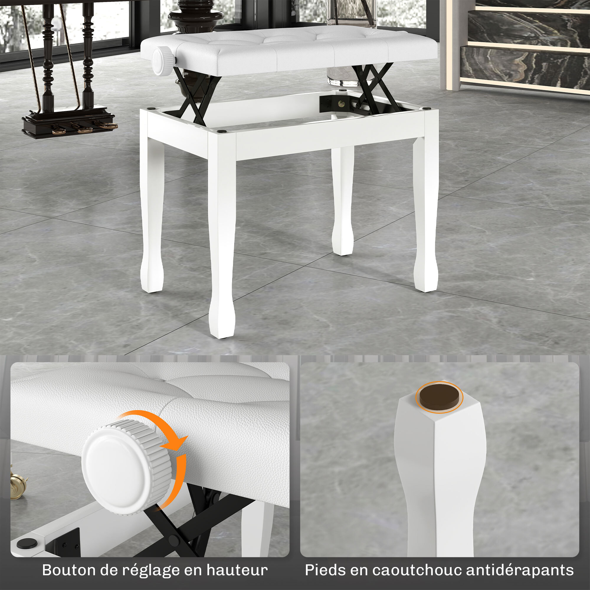 Banquette piano tabouret siege hauteur reglable blanc bois revêtement synthétique