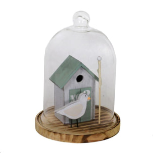 Decorazione Mare in gabbiano e cabina in legno con campana di vetro tondo cmø19h28,5