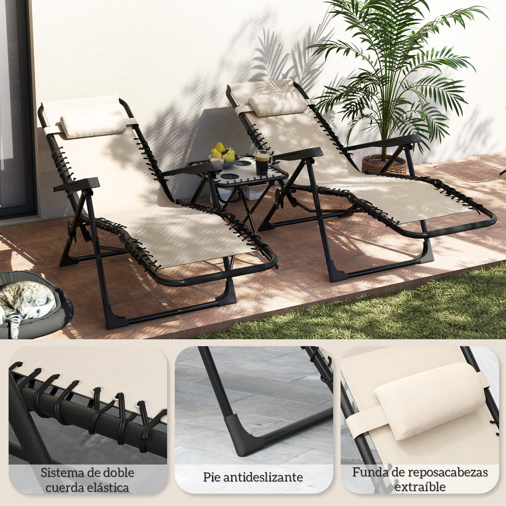 Set de 2 Tumbonas Jardín Exterior Plegables con Mesa Auxiliar Portavasos Tumbonas de Gravedad Cero con Respaldo Ajustable Reposabrazos Extraá­ble para Patio Piscina Terraza Exterior Beige