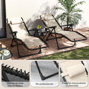 Set de 2 Tumbonas Jardín Exterior Plegables con Mesa Auxiliar Portavasos Tumbonas de Gravedad Cero con Respaldo Ajustable Reposabrazos Extraá­ble para Patio Piscina Terraza Exterior Beige