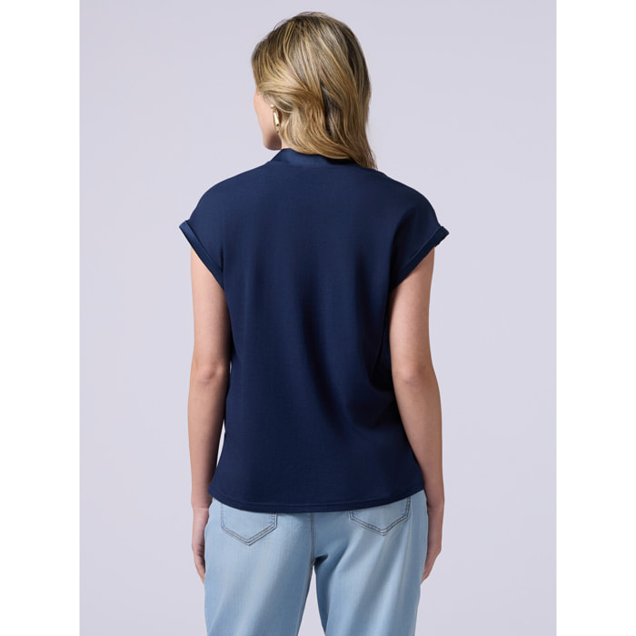 Oltre - Camiseta bimateria con escote de pico - Azul