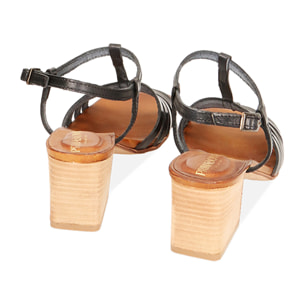 Sandalias negras en piel de vacuno, tacón de 8 cm