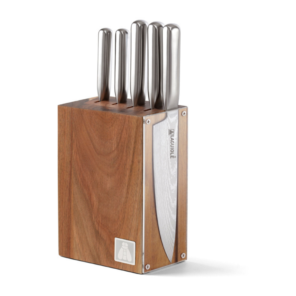 Bloc bois de 5 couteaux en acier argent - "reflet"