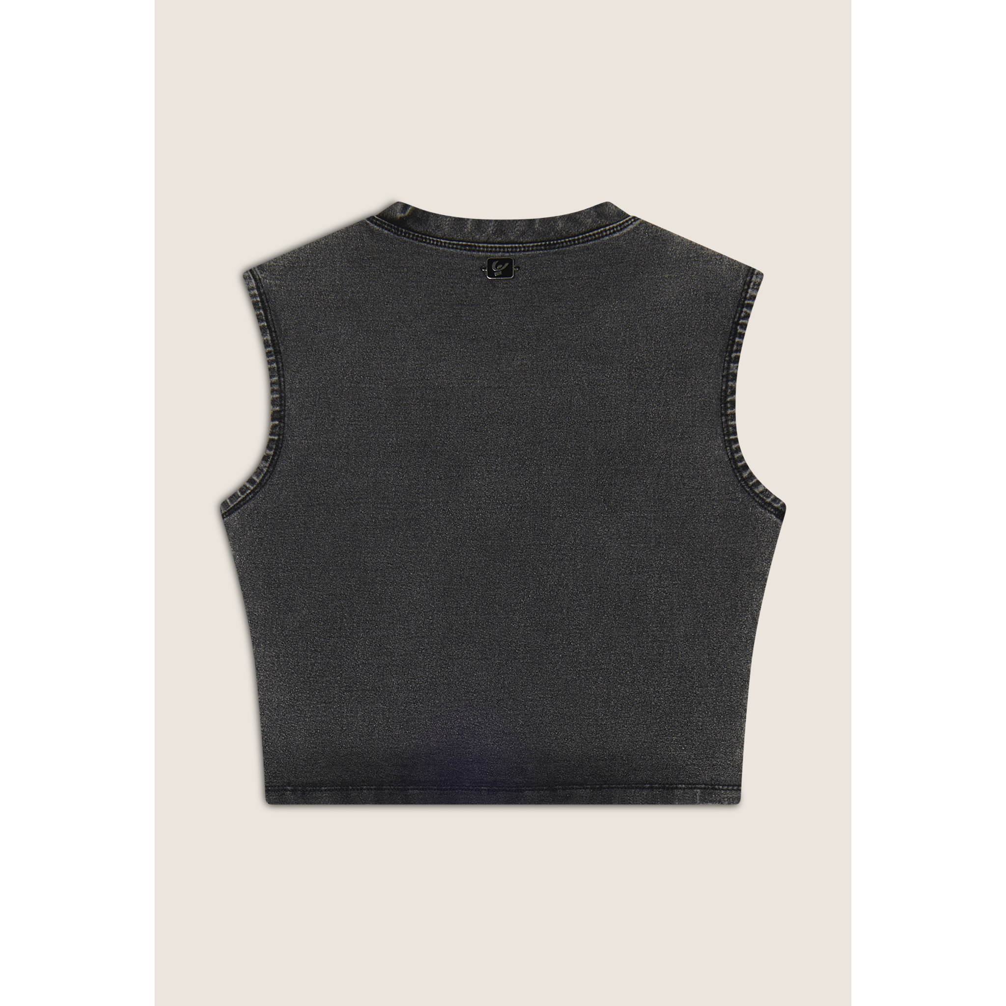 Top cropped effetto denim decorato sulle spalle