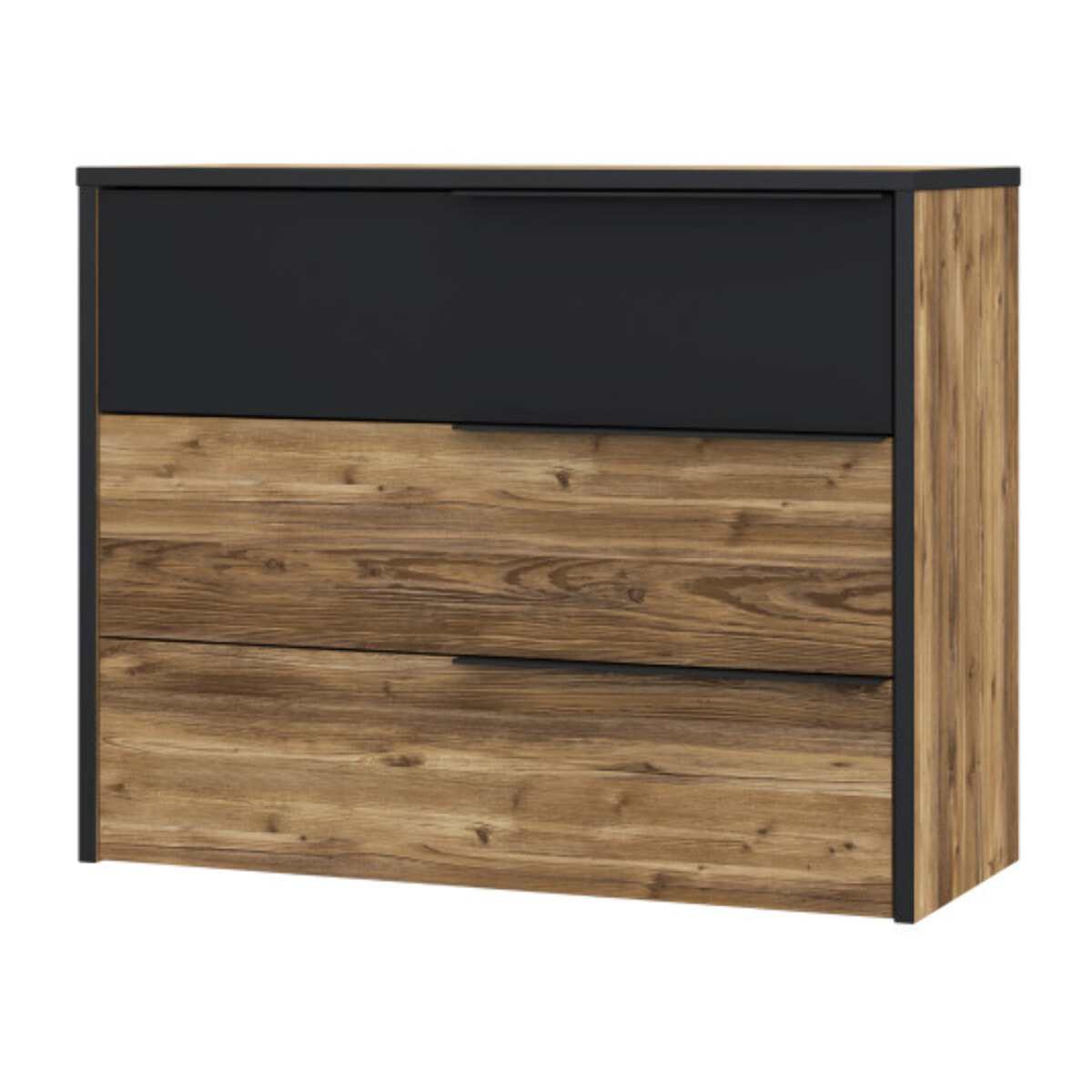 Commode H80 cm 3 tiroirs décor bois épicéa et noir mat -YAL