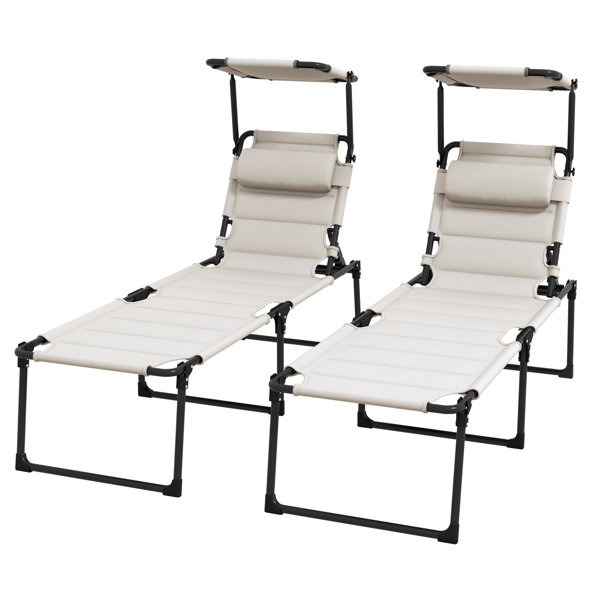 Lot de 2 bains de soleil transats pliables réglables avec pare-soleil blanc cassé