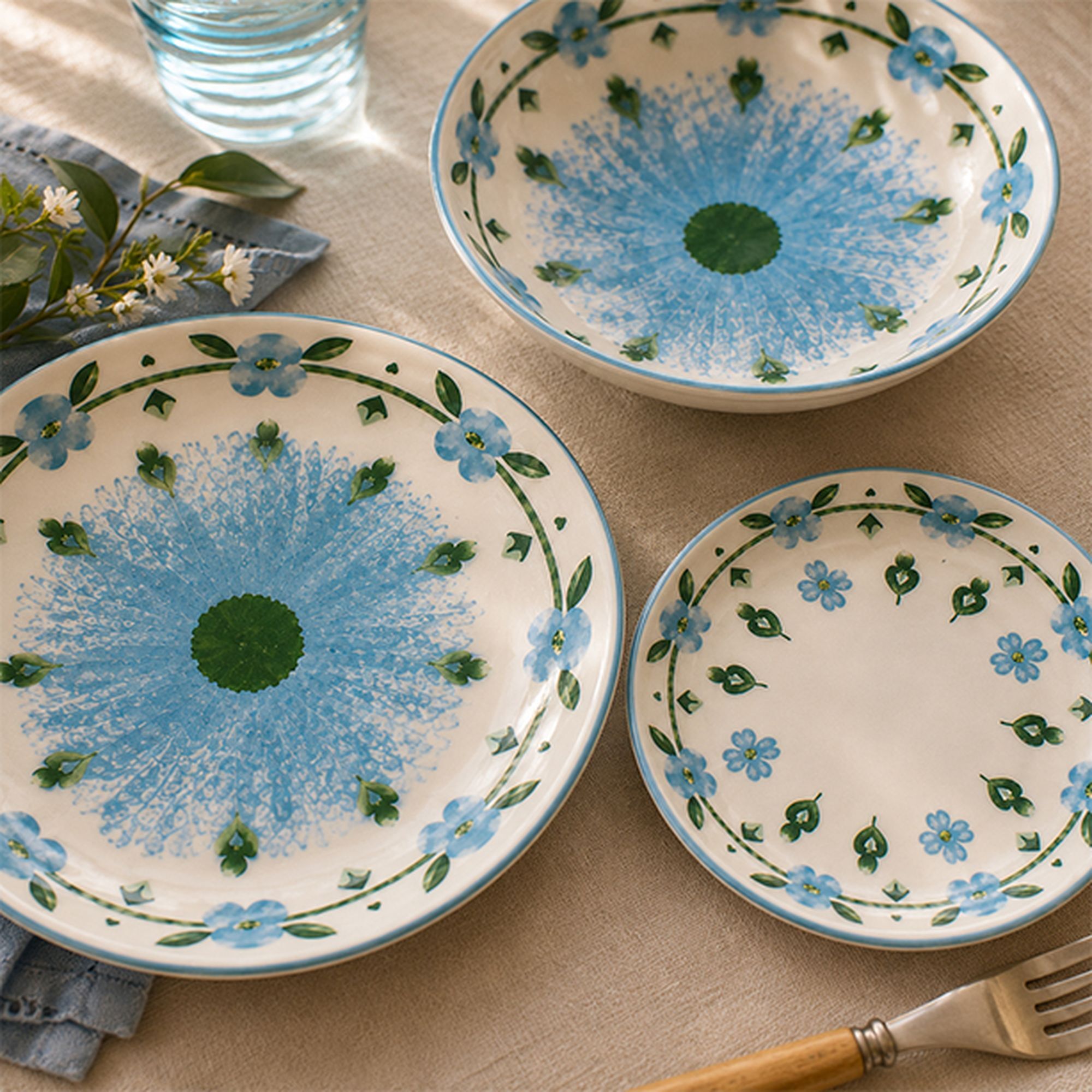 Lot de 6 assiettes plates 27cm en porcelaine blanc et bleu floral PRIMAVERA