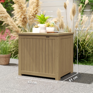 Arcón Exterior de Madera, 130L, Baúl Almacenaje Exterior con Forro, Tapa con Bisagras y Correa, Impermeable, Resistente a la Intemperie, para Jardín, Terraza, Patio, 63x51x58,5 cm, Marrón
