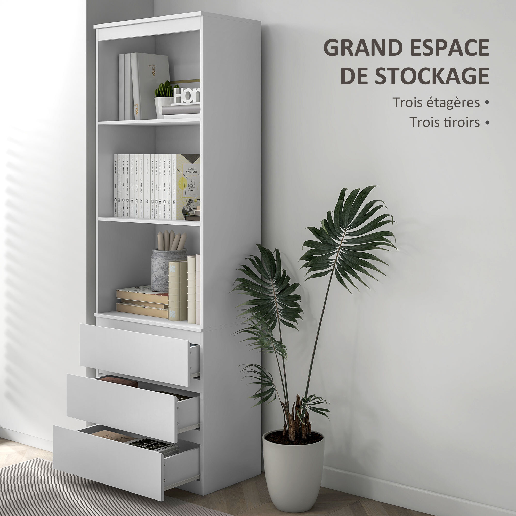 Bibliothèque 3 étagères 3 tiroirs - dim. 60L x 35l x 180H cm - panneaux aspect bois blanc