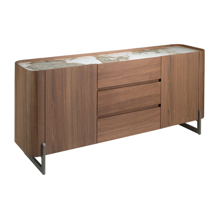 Aparador de madera chapada en nogal natural y patas de acero inoxidable oscuro metalizado 180x45x80cm