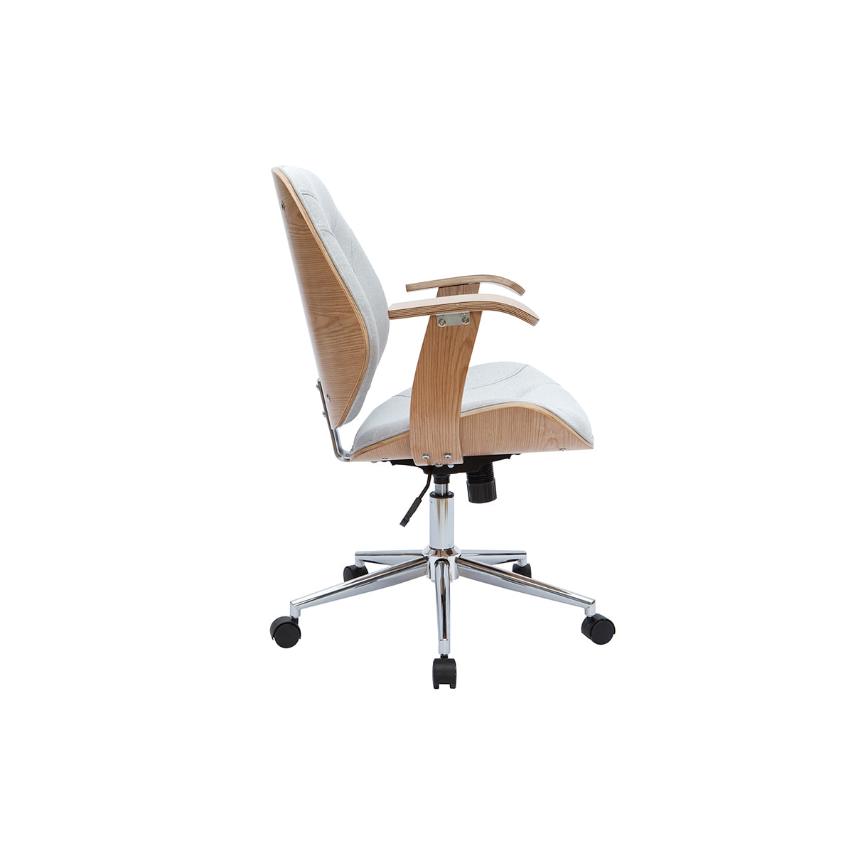 Chaise de bureau à roulettes design en tissu gris clair, bois clair et acier chromé YORKE