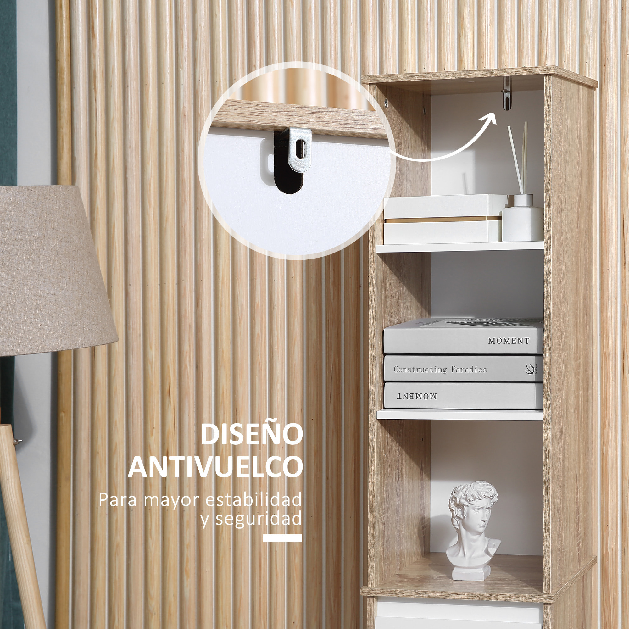 Armario Alto de Baño Mueble Columna de Baño con 1 Puerta Cajón y 3 Estantes Balda Ajustable para Cocina Salón 32,6x30x171,2 cm Madera Natural y Blanco