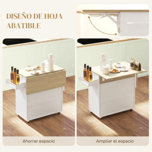 Isla de Cocina con Ala Abatible Carrito de Cocina Mueble Auxiliar de Cocina con Ruedas 2 Puertas Cajón Especiero Toallero y Estante Ajustable 106x42x87 cm Blanco y Roble