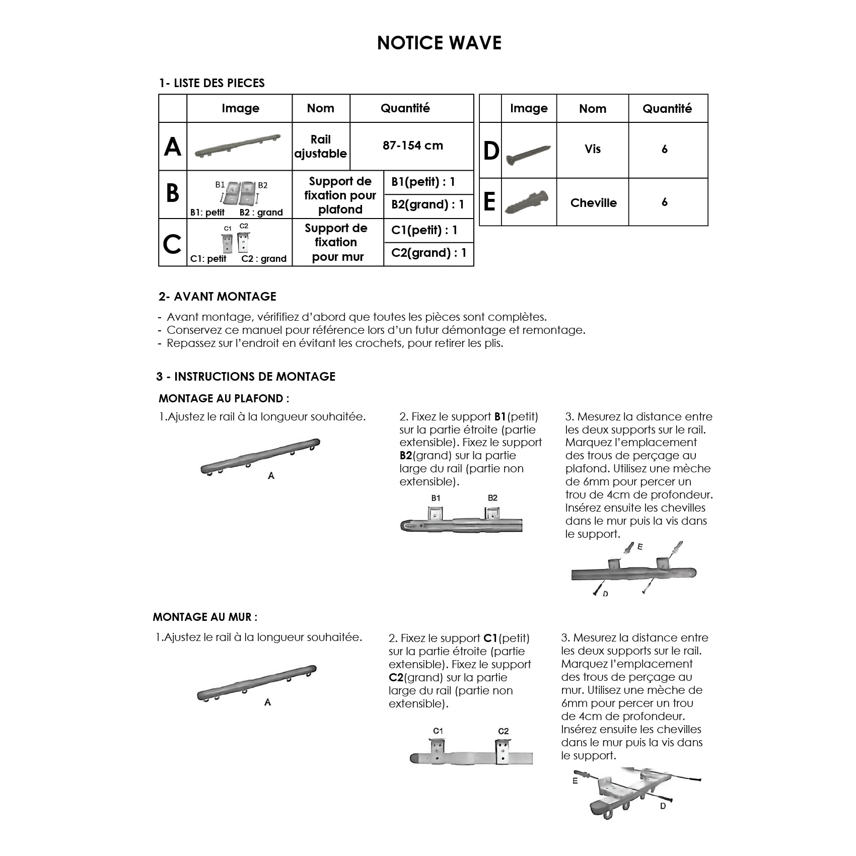 Kit rail extensible + Voilage poly-lin wave - Blanc