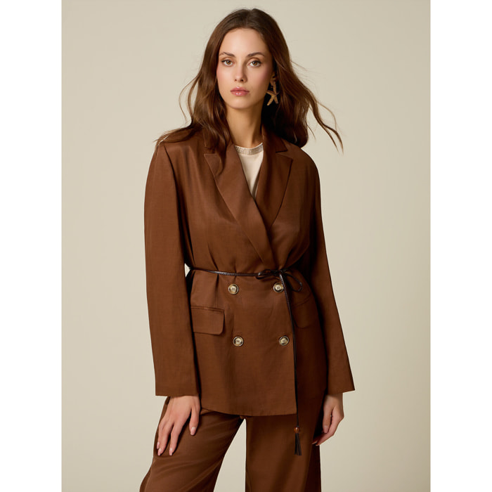 Oltre - Giacca blazer in twill misto lino - Marrone