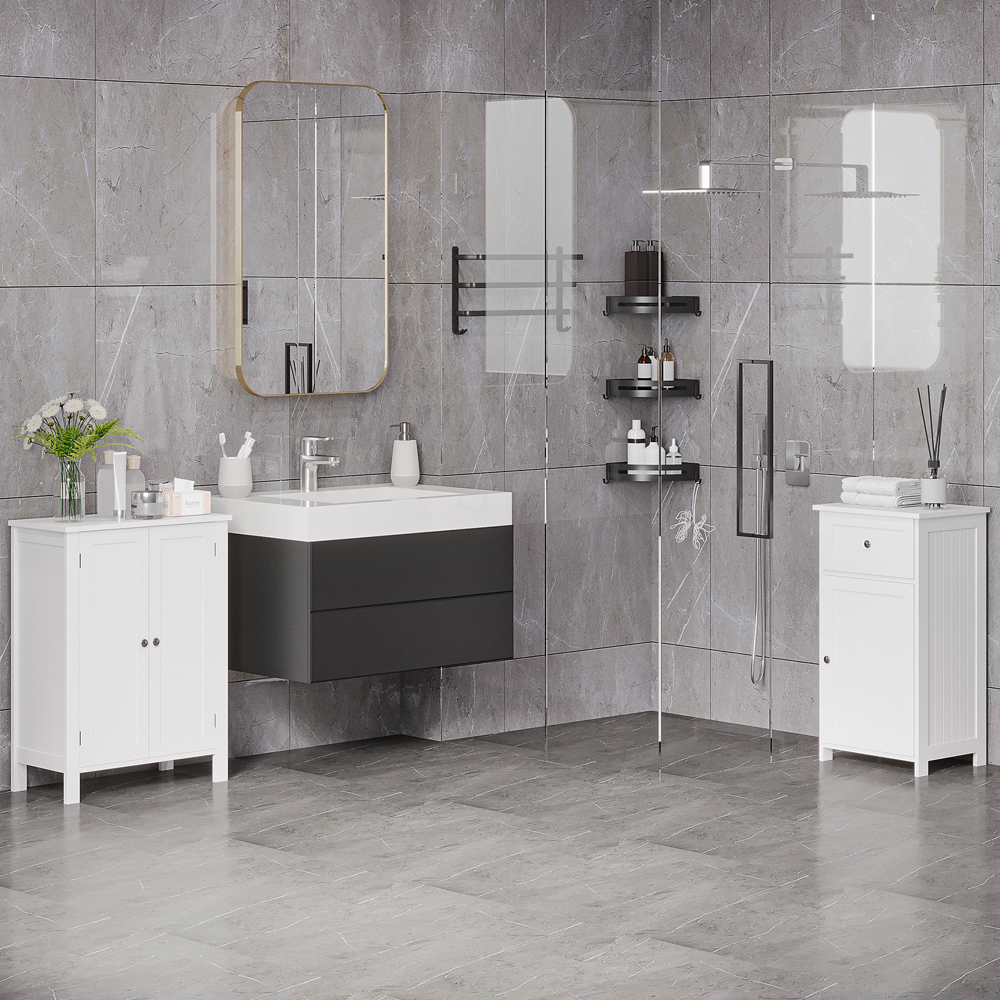 kleankin Armario de Baño con 1 Cajón 1 Puerta y Estante Ajustable Interior Mueble Auxiliar de Almacenaje para Salón Cocina Antivuelco 43x34x77 cm Blanco