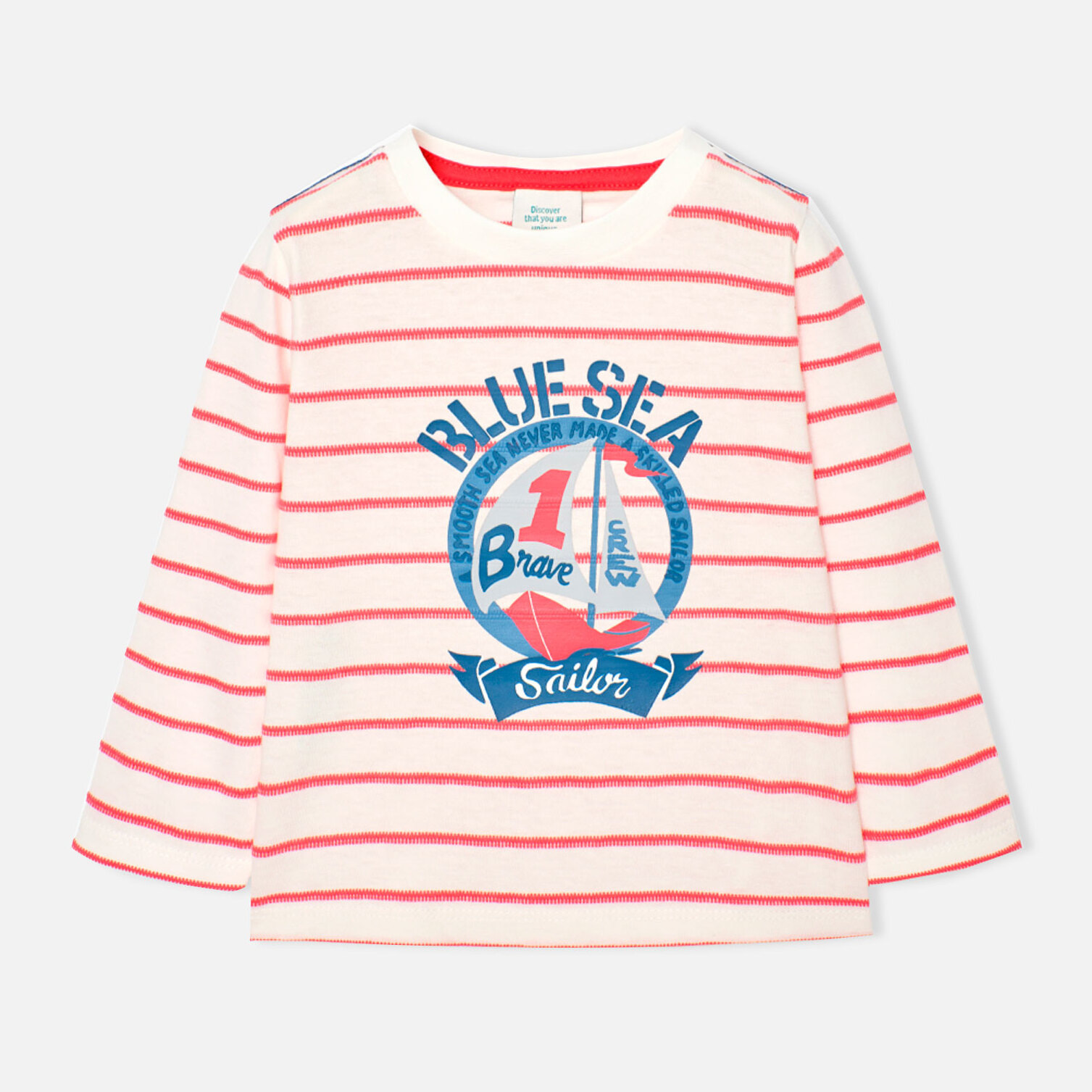 Camiseta niño, algodón, estampado de rayas, coral