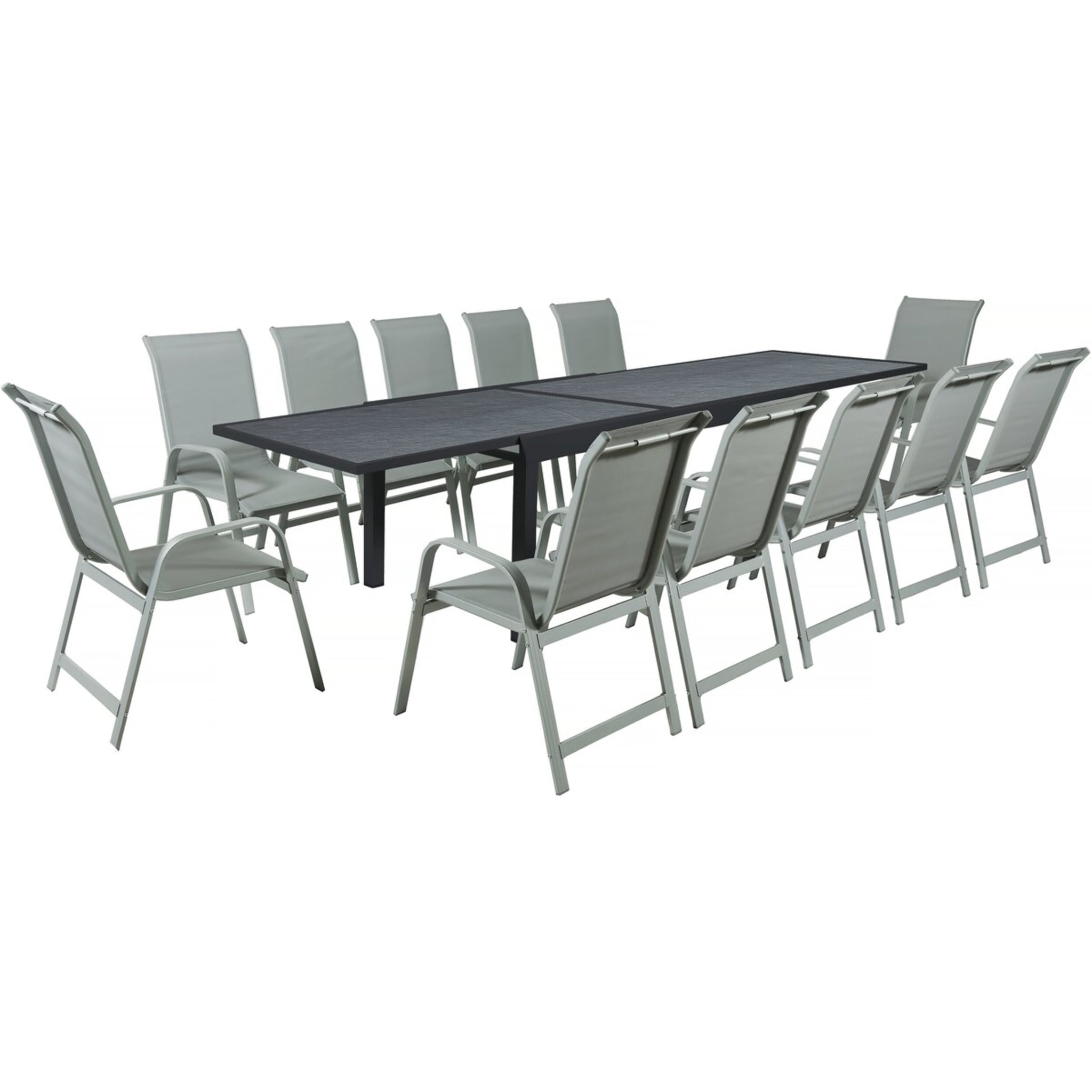 Salon de jardin repas "Lagos" - 200/320 x 105 x 76 cm - 12 chaises - Gris clair