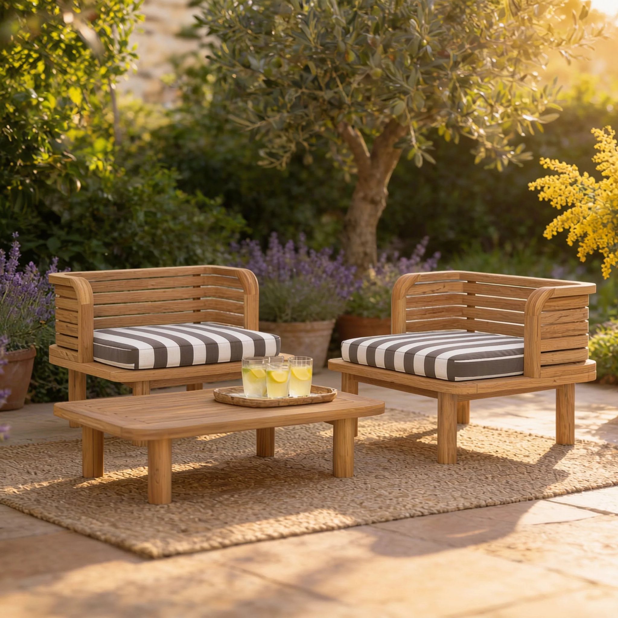 Salon de jardin 2 places en teck et tissu rayé gris, 2 fauteuils - Kilda