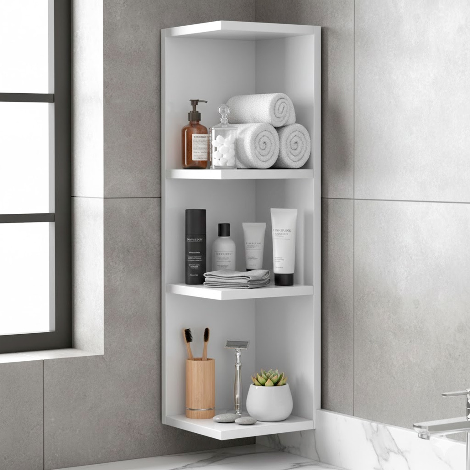 Modulo Angolare Bagno Sospeso Con 3 Ripiani Mobile Salvaspazio Mobiletto Da Parete Per Organizzare Accessori 65 x 20 x 19.5 Cm Bianco Lucido