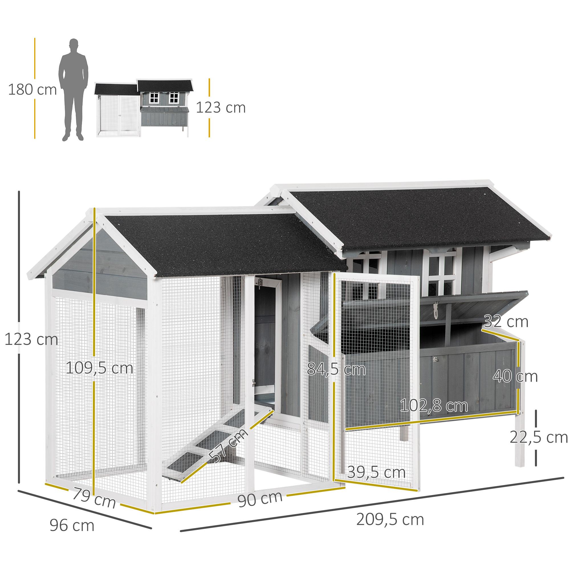 Gallinero de Madera Exterior Jaula para 2-3 Gallinas con Corral de Alambre Nido Techo Asfáltico Bandeja Extraíble 2 Perchas y Rampa 209,5x96x123 cm Gris Azulado