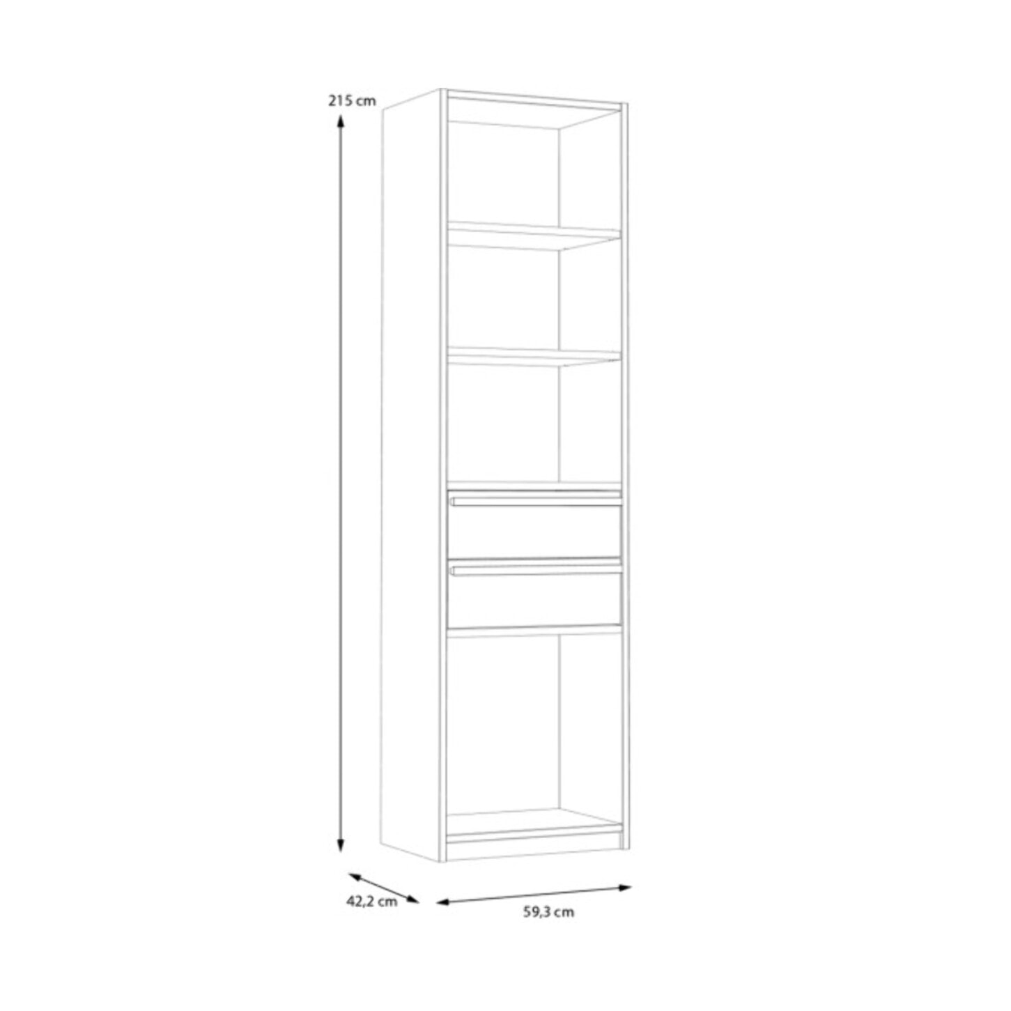 Bibliothèque 59 cm 4 niches 2 tiroirs décors blanc et chêne - BROOM