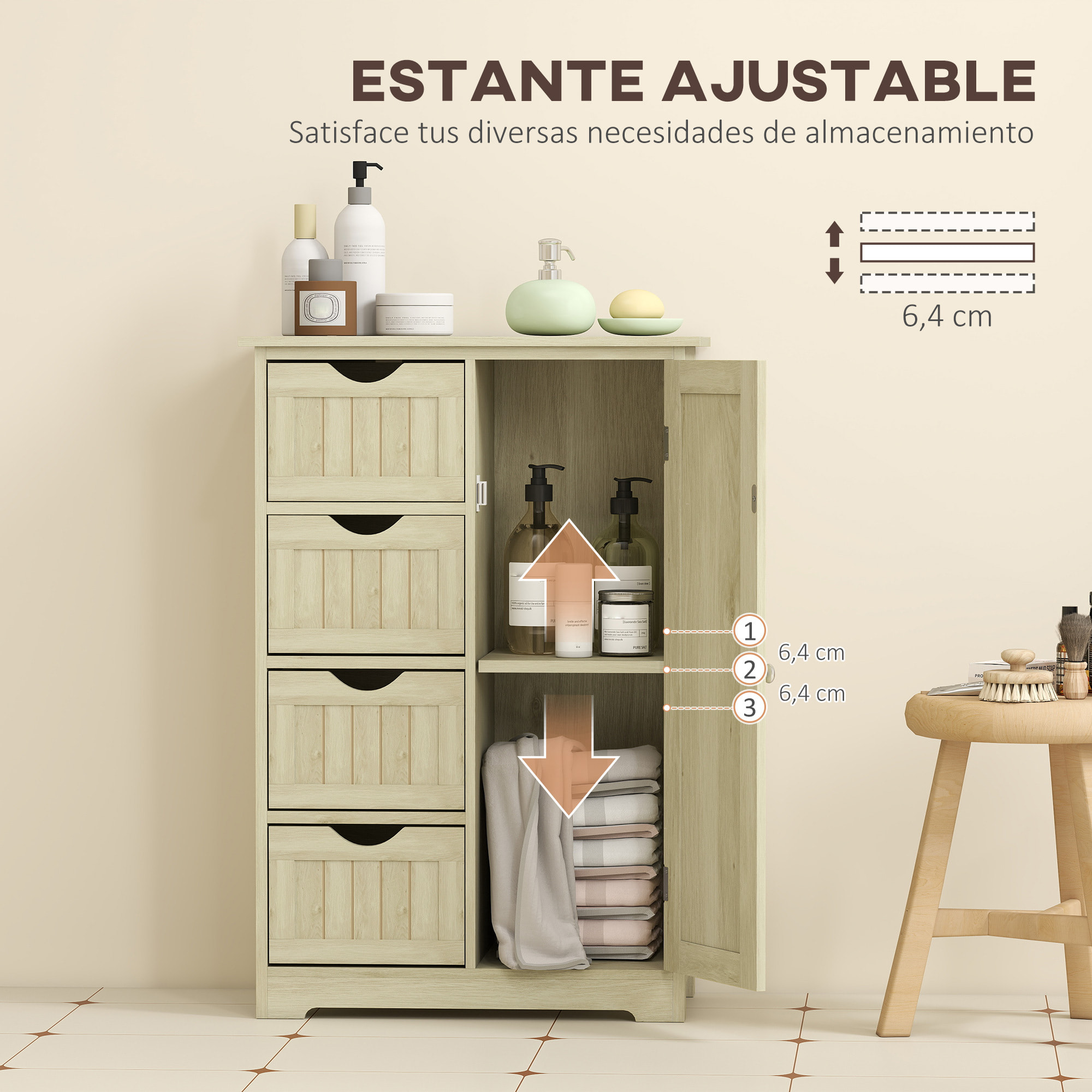 Armario de Baño, Columna de Baño Estrecha con 4 Cajones y Estante Ajustable, Estilo Moderno, para Espacios Pequeños, 56x30x83 cm, Madera Natural