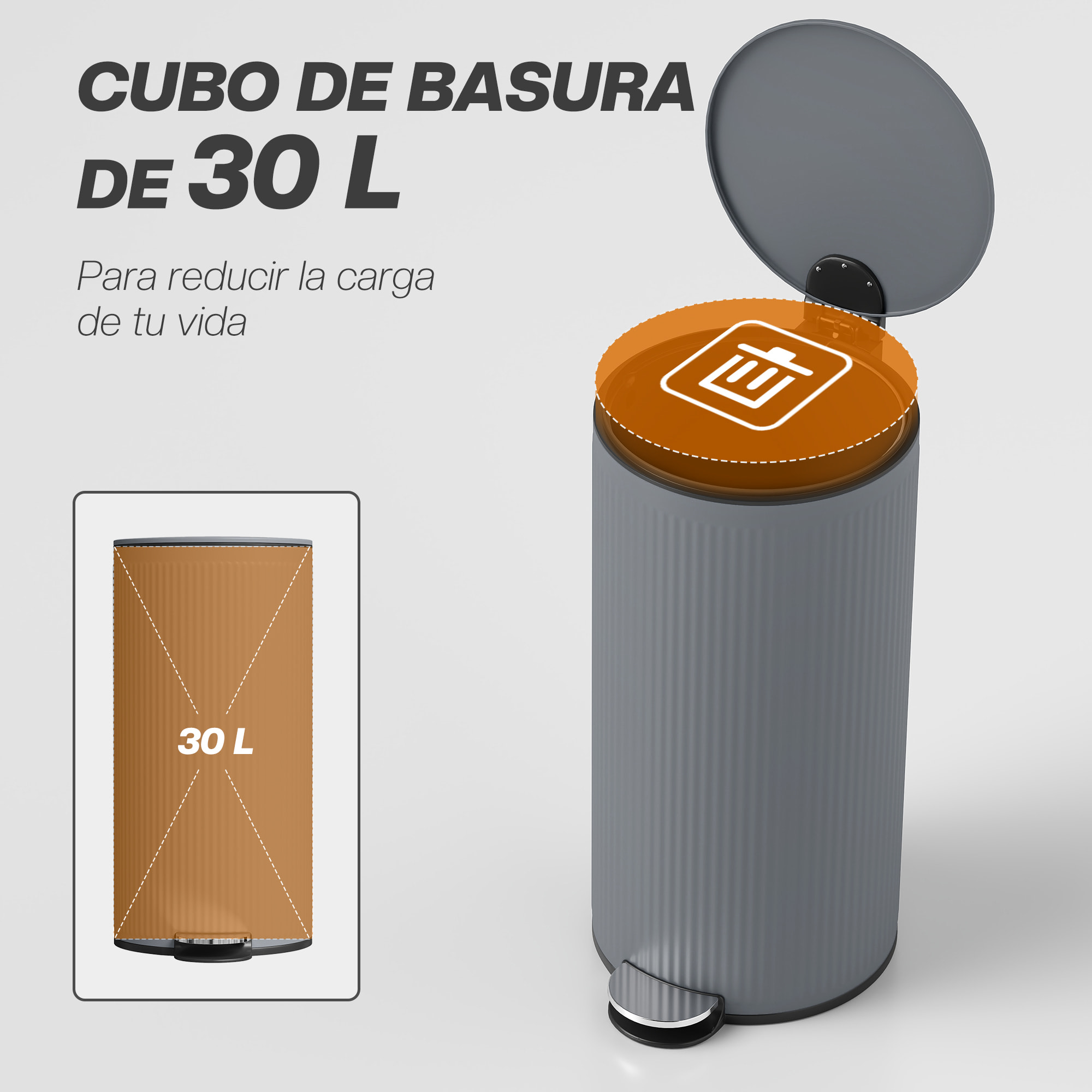 Cubo de Basura Cocina con Pedal, 30L, Papelera de Cocina Metálico con Tapa de Cierre Suave y Cubo Extraíble, para Dormitorio, Oficina, Estudio y Salón, 36x30x60,5 cm, Gris Oscuro