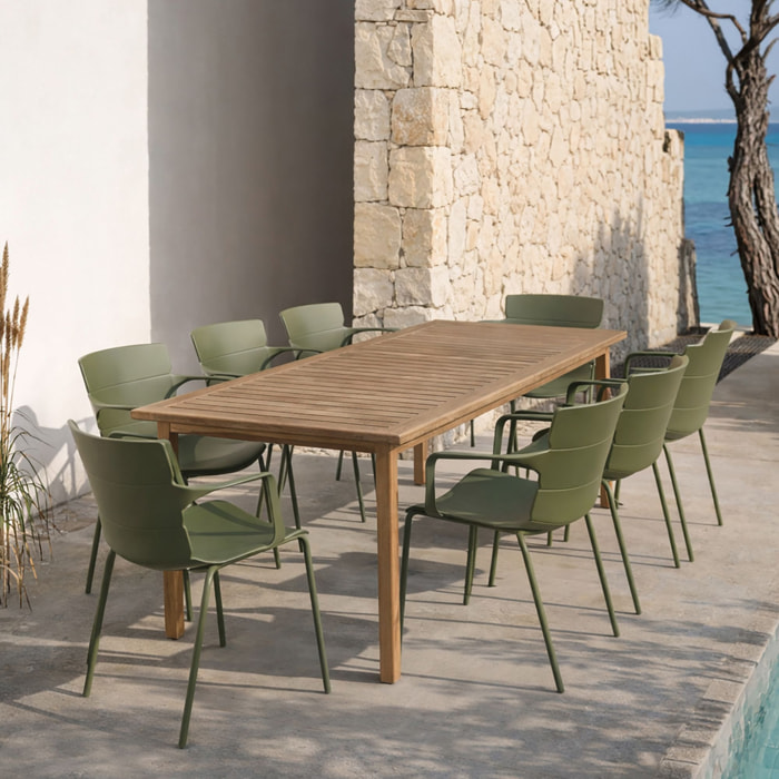 Ensemble de jardin table en bois d'acacia et 8 fauteuils vert MONTAUK