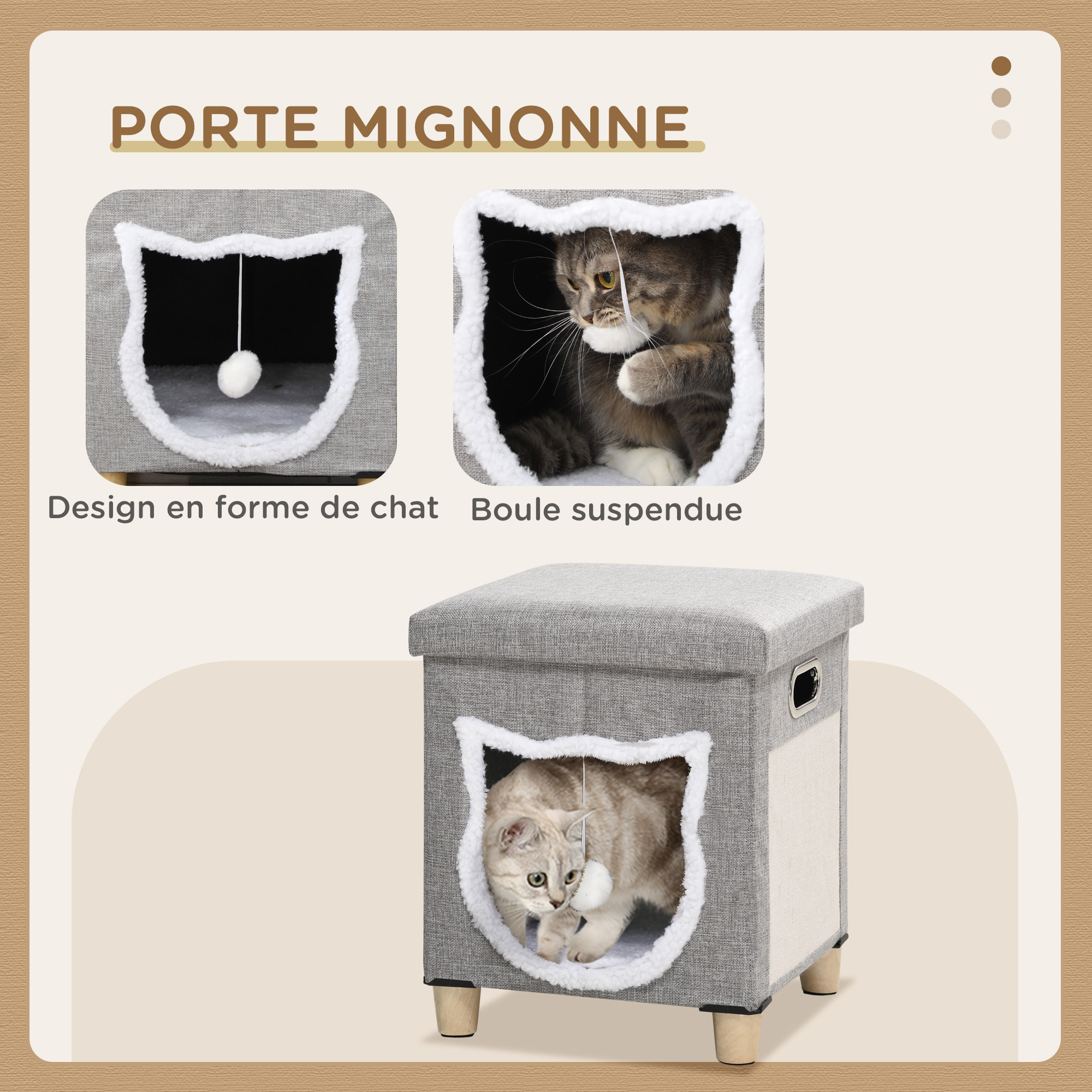 Niche chat grattoir pouf 3 en 1 design porte tête de chat - coussin bouclette amovible inclus - tissu gris