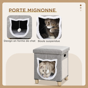 Niche chat grattoir pouf 3 en 1 design porte tête de chat - coussin bouclette amovible inclus - tissu gris