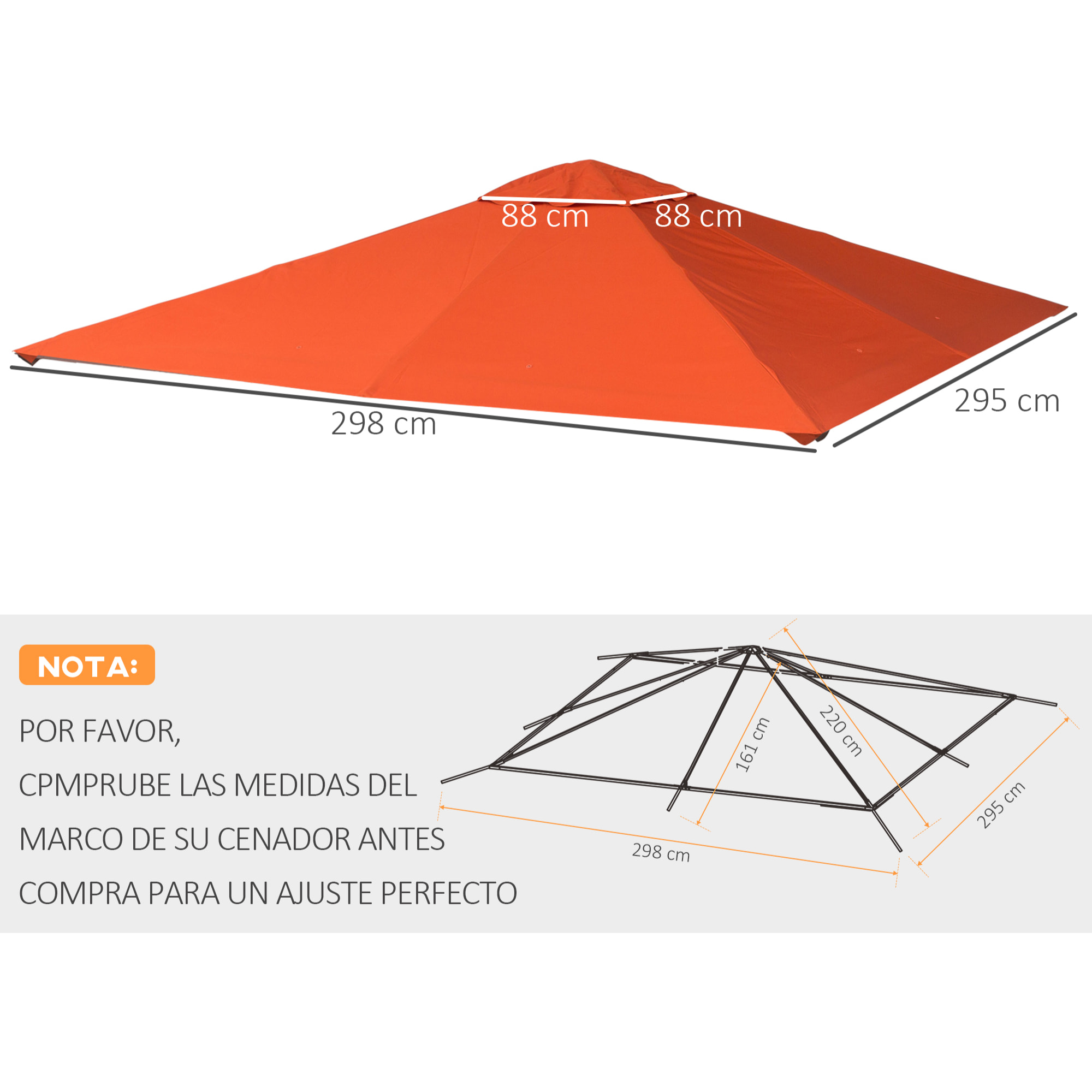 Techo de Repuesto 2,98x2,95 m para Cenador de Jardín Cubierta de Repuesto de Gazebo Pabellón Exterior con 8 Orificios de Drenaje y Ventilación Naranja