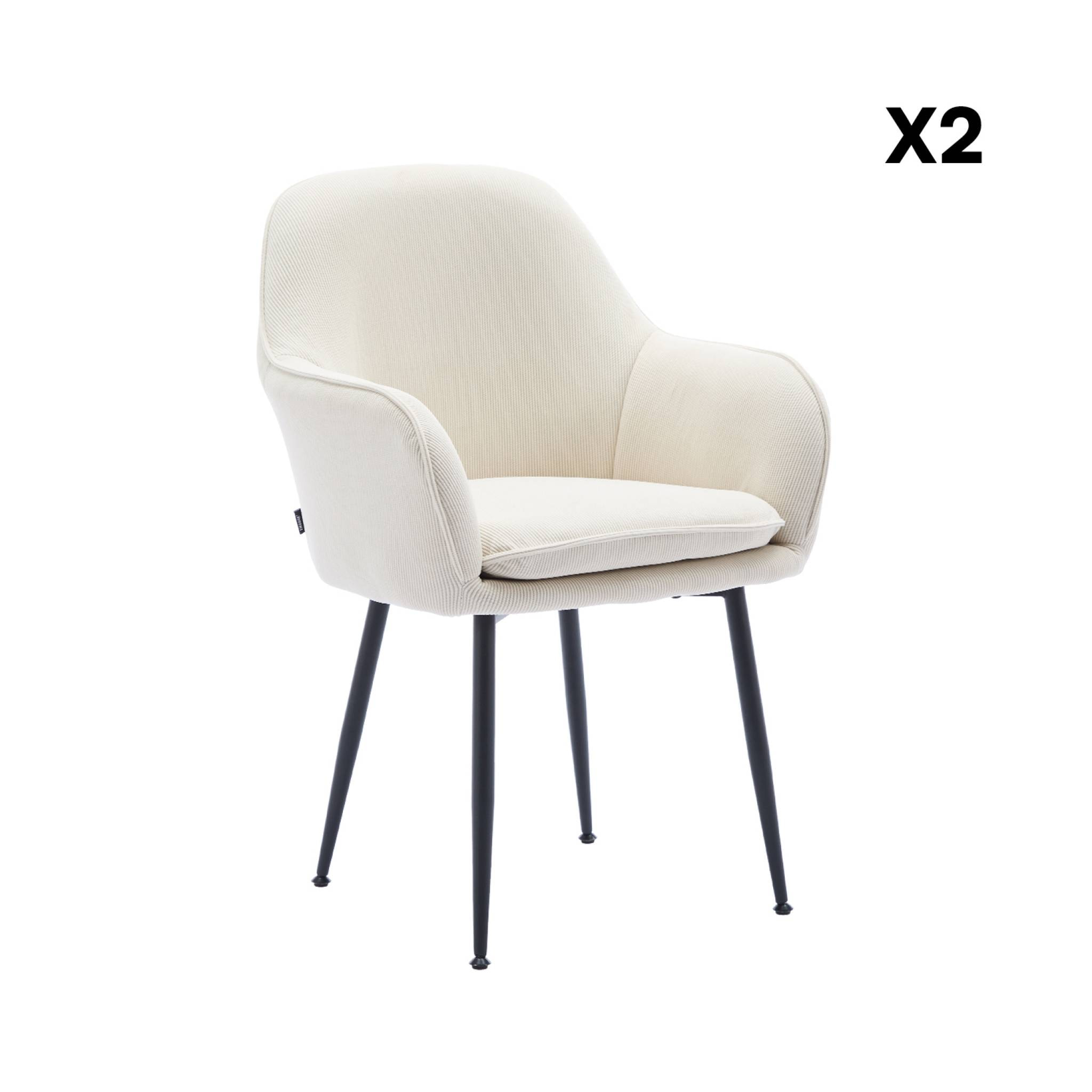 Lot de 2 fauteuils en velours côtelé blanc cassé et pieds en métal noir mat. L 57 x P 59 x H 84.5