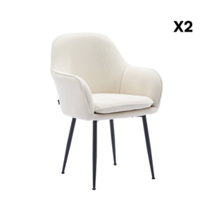 Lot de 2 fauteuils en velours côtelé blanc cassé et pieds en métal noir mat. L 57 x P 59 x H 84.5