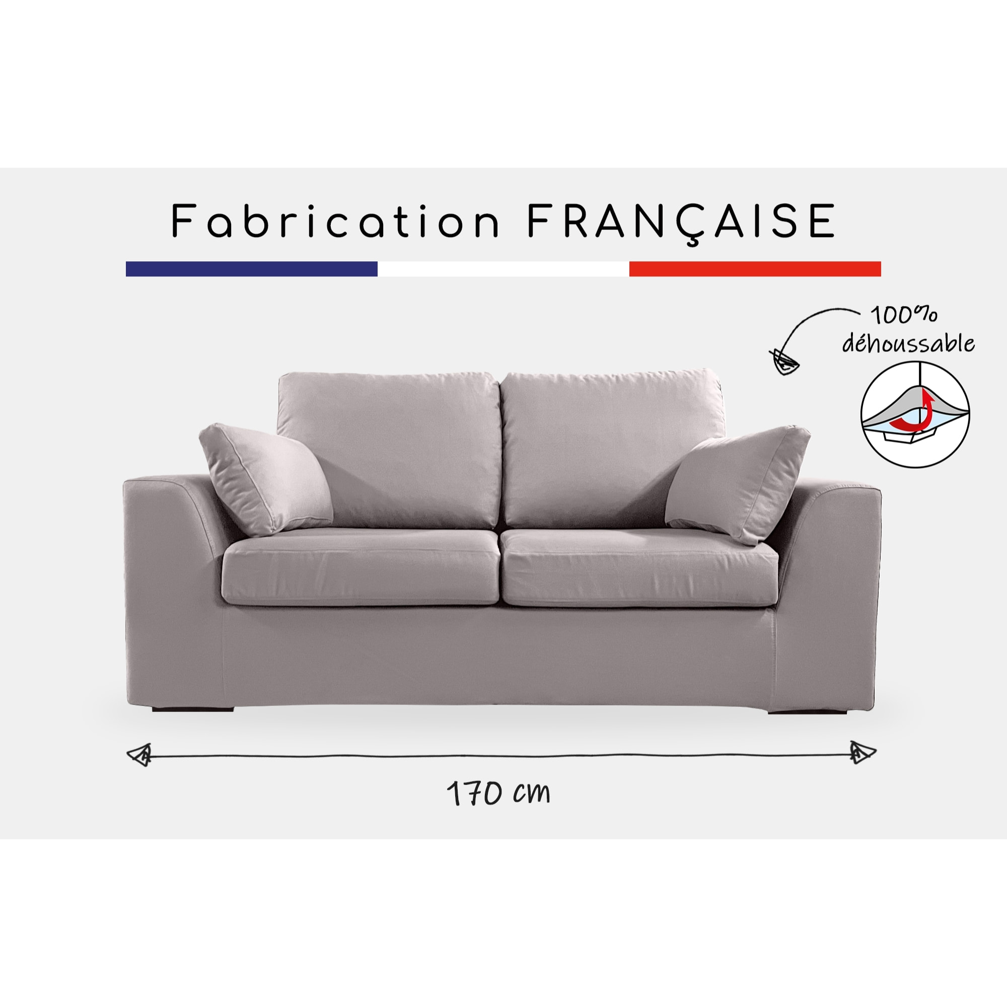 Canapé 2 pl TRESSIN 170 cm fixe tissu coton Gris Clair - 100% déhoussable - Fab. France