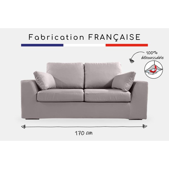 Canapé 2 pl TRESSIN 170 cm fixe tissu coton Gris Clair - 100% déhoussable - Fab. France