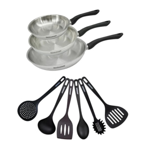 Set 3 poêles 20 24 et 28 cm en inox et 6 ustensiles Fackelmann Geneva